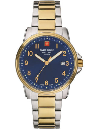 Angle shot of Swiss Alpine Military 7011.1145 Blue Dial Gold Stainless Steel Unisex Watch on white background