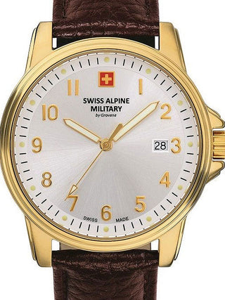 Front view of Swiss Alpine Military 7011.1512 Silver Dial Brown Leather Unisex Watch on white background