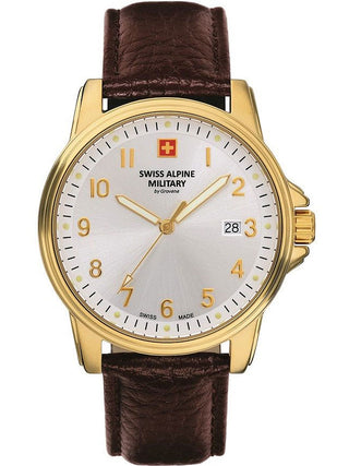 Angle shot of Swiss Alpine Military 7011.1512 Silver Dial Brown Leather Unisex Watch on white background