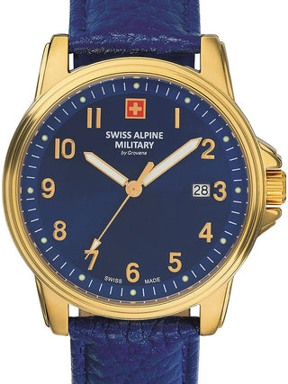 Front view of Swiss Alpine Military 7011.1515 Blue Leather Unisex Watch on white background