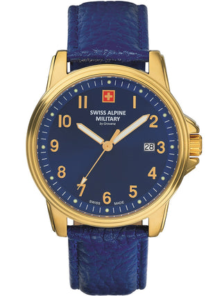 Angle shot of Swiss Alpine Military 7011.1515 Blue Leather Unisex Watch on white background