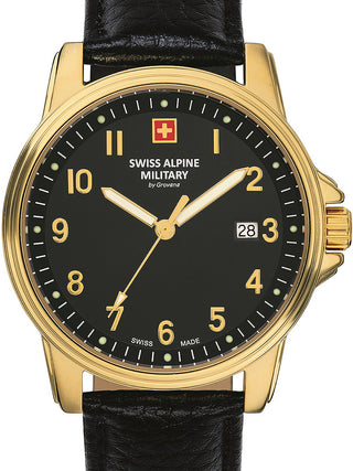 Front view of Swiss Alpine Military 7011.1517 Black Leather Unisex Watch on white background