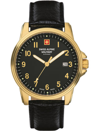 Angle shot of Swiss Alpine Military 7011.1517 Black Leather Unisex Watch on white background