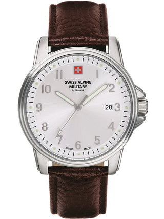 Angle shot of Swiss Alpine Military 7011.1532 Silver Dial Brown Leather Unisex Watch on white background