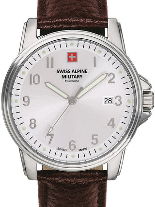 Front view of Swiss Alpine Military 7011.1532 Silver Dial Brown Leather Unisex Watch on white background