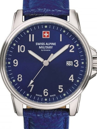 Front view of Swiss Alpine Military 7011.1535 Blue Leather Unisex Watch on white background
