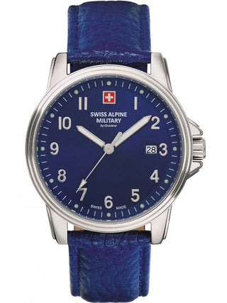 Angle shot of Swiss Alpine Military 7011.1535 Blue Leather Unisex Watch on white background