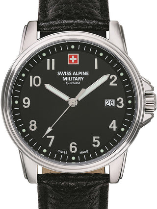 Front view of Swiss Alpine Military 7011.1537 Black Leather Unisex Watch on white background