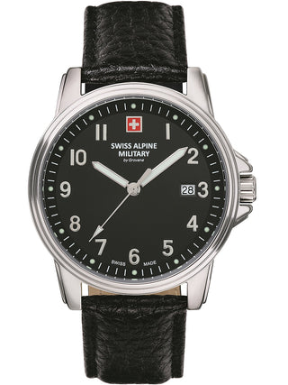 Angle shot of Swiss Alpine Military 7011.1537 Black Leather Unisex Watch on white background