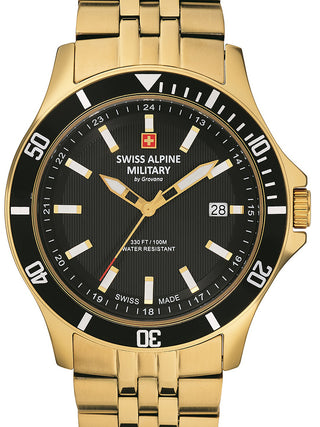 Front view of Swiss Alpine Military 7022.1117 Black Dial Gold Stainless Steel Unisex Watch on white background