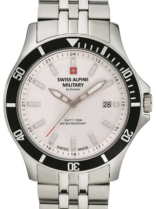 Front view of Swiss Alpine Military 7022.1132 White Dial Silver Stainless Steel Unisex Watch on white background