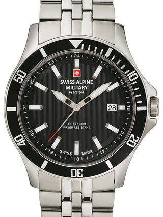 Front view of Swiss Alpine Military 7022.1137 Black Dial Silver Stainless Steel Unisex Watch on white background