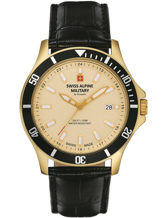 Angle shot of Swiss Alpine Military 7022.1511 Gold Dial Black Leather Unisex Watch on white background