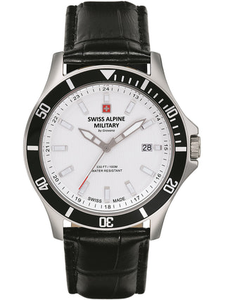 Angle shot of Swiss Alpine Military 7022.1532 White Dial Black Leather Unisex Watch on white background