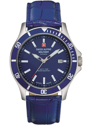 Angle shot of Swiss Alpine Military 7022.1535 Blue Leather Unisex Watch on white background
