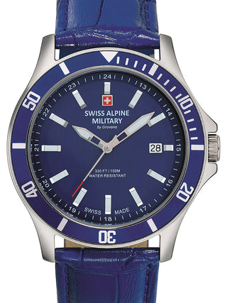 Front view of Swiss Alpine Military 7022.1535 Blue Leather Unisex Watch on white background