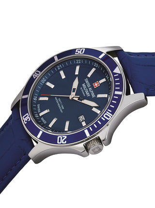 Angle shot of Swiss Alpine Military 7022.1535 Blue Leather Unisex Watch on white background