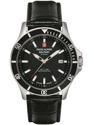 Angle shot of Swiss Alpine Military 7022.1537 Black Leather Unisex Watch on white background