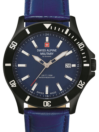 Front view of Swiss Alpine Military 7022.1575 Blue Leather Unisex Watch on white background