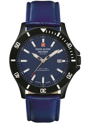 Angle shot of Swiss Alpine Military 7022.1575 Blue Leather Unisex Watch on white background