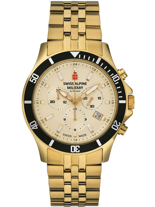 Angle shot of Swiss Alpine Military Chronograph 7022.9111 Gold Stainless Steel Unisex Watch on white background