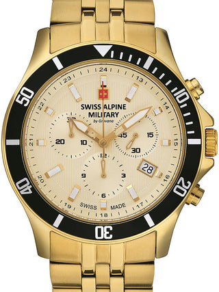 Front view of Swiss Alpine Military Chronograph 7022.9111 Gold Stainless Steel Unisex Watch on white background
