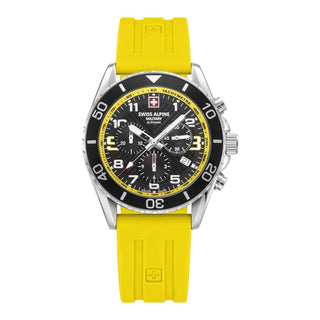 Front view of Swiss Alpine Military Chronograph 7029.9838 Yellow Silicone Unisex Watch on white background