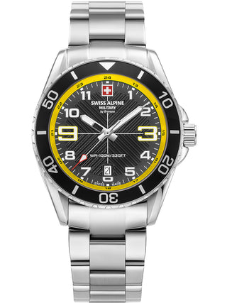 Angle shot of Swiss Alpine Military 7029.1138 Yellow Dial Silver Stainless Steel Unisex Watch on white background