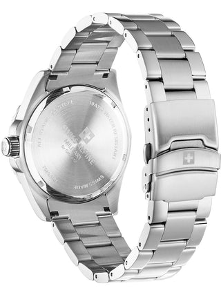 Angle shot of Swiss Alpine Military 7029.1138 Yellow Dial Silver Stainless Steel Unisex Watch on white background