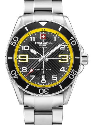 Front view of Swiss Alpine Military 7029.1138 Yellow Dial Silver Stainless Steel Unisex Watch on white background