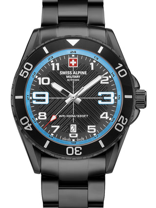 Front view of Swiss Alpine Military 7029.1171 Blue Dial Black Stainless Steel Unisex Watch on white background