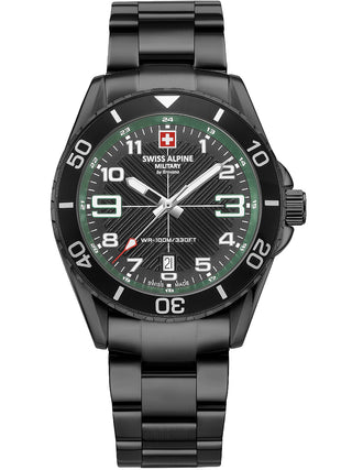 Angle shot of Swiss Alpine Military 7029.1174 Green Dial Black Stainless Steel Unisex Watch on white background