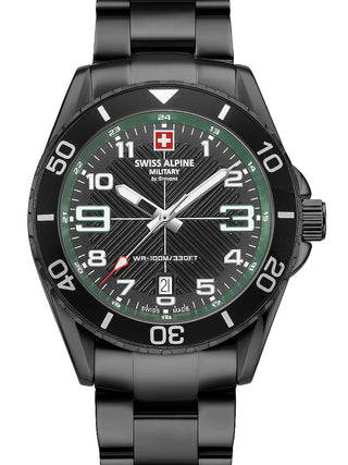 Front view of Swiss Alpine Military 7029.1174 Green Dial Black Stainless Steel Unisex Watch on white background