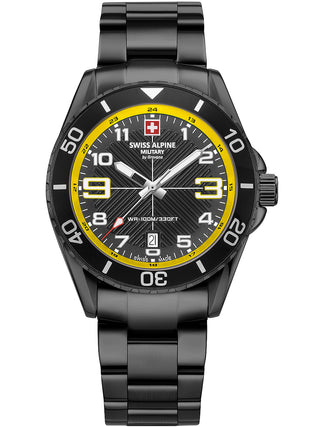 Angle shot of Swiss Alpine Military 7029.1178 Yellow Dial Black Stainless Steel Unisex Watch on white background