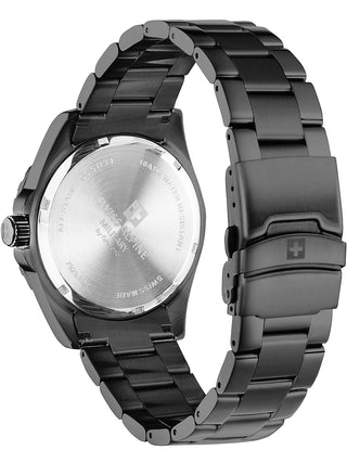 Angle shot of Swiss Alpine Military 7029.1178 Yellow Dial Black Stainless Steel Unisex Watch on white background
