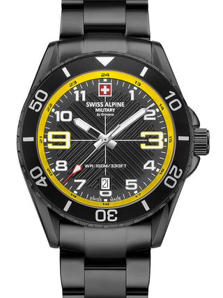 Front view of Swiss Alpine Military 7029.1178 Yellow Dial Black Stainless Steel Unisex Watch on white background