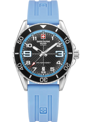 Angle shot of Swiss Alpine Military 7029.1831 Blue Silicone Unisex Watch on white background