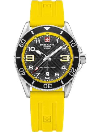 Angle shot of Swiss Alpine Military 7029.1838 Yellow Silicone Unisex Watch on white background