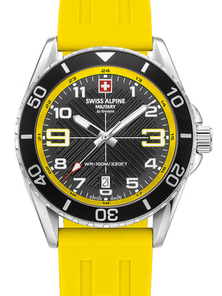 Front view of Swiss Alpine Military 7029.1838 Yellow Silicone Unisex Watch on white background