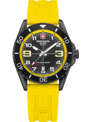 Angle shot of Swiss Alpine Military 7029.1878 Yellow Silicone Unisex Watch on white background