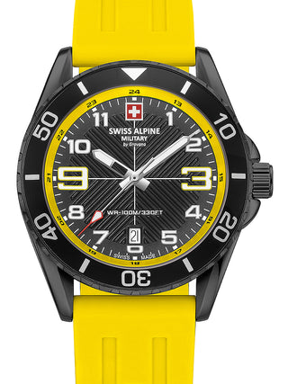 Front view of Swiss Alpine Military 7029.1878 Yellow Silicone Unisex Watch on white background
