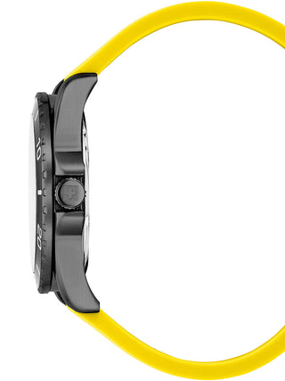 Angle shot of Swiss Alpine Military 7029.1878 Yellow Silicone Unisex Watch on white background