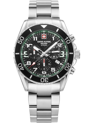 Angle shot of Swiss Alpine Military Chronograph 7029.9134 Green Dial Silver Stainless Steel Unisex Watch on white background