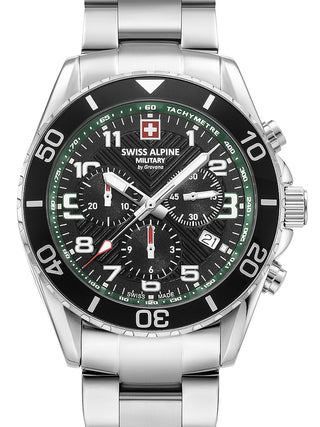 Front view of Swiss Alpine Military Chronograph 7029.9134 Green Dial Silver Stainless Steel Unisex Watch on white background