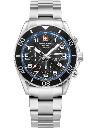 Angle shot of Swiss Alpine Military Chronograph 7029.9135 Blue Dial Silver Stainless Steel Unisex Watch on white background