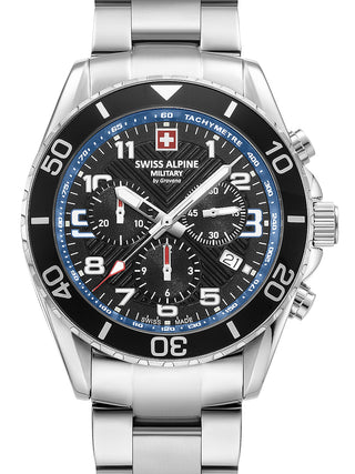 Front view of Swiss Alpine Military Chronograph 7029.9135 Blue Dial Silver Stainless Steel Unisex Watch on white background