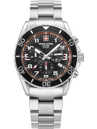 Angle shot of Swiss Alpine Military Chronograph 7029.9136 Red Dial Silver Stainless Steel Unisex Watch on white background