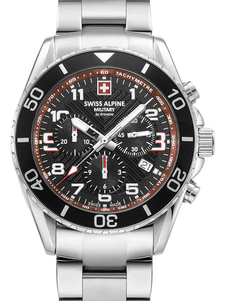 Front view of Swiss Alpine Military Chronograph 7029.9136 Red Dial Silver Stainless Steel Unisex Watch on white background