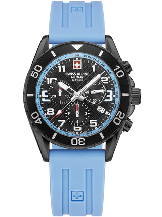 Angle shot of Swiss Alpine Military Chronograph 7029.9871 Blue Silicone Unisex Watch on white background