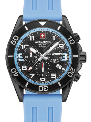 Front view of Swiss Alpine Military Chronograph 7029.9871 Blue Silicone Unisex Watch on white background